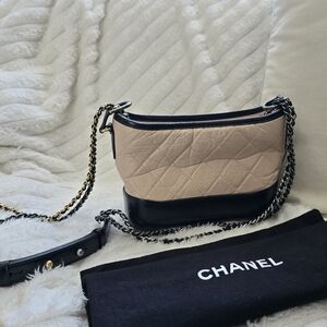 Chanel Gabrielle Small Hobo Bag Beige Black Quilted Calfskin | Two-Tone Chain